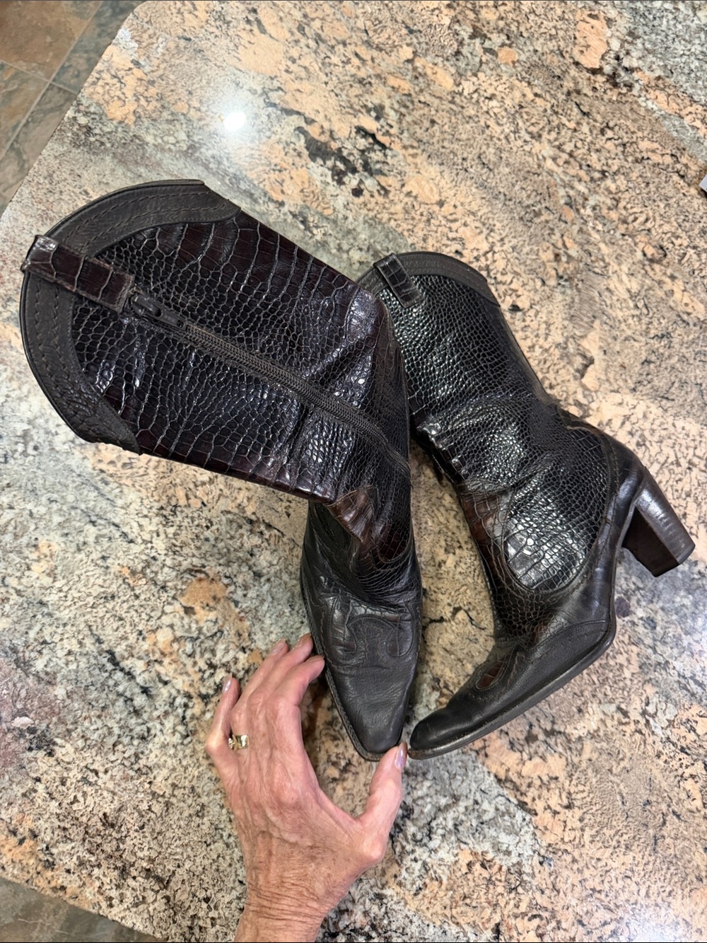 Black Croc-Embossed Mid-Calf Heeled Boots